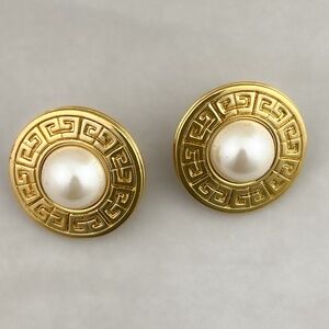 1980s Vintage Gold Tone Givenchy Logo Earrings With White Faux Pearl Cabochons